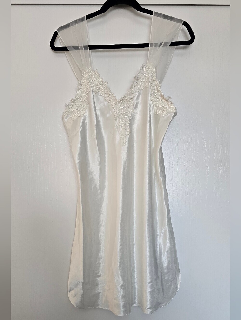 Dentelle - Vintage Bridal White Satin Slip Dress Lace Trim Lingerie Νightgown